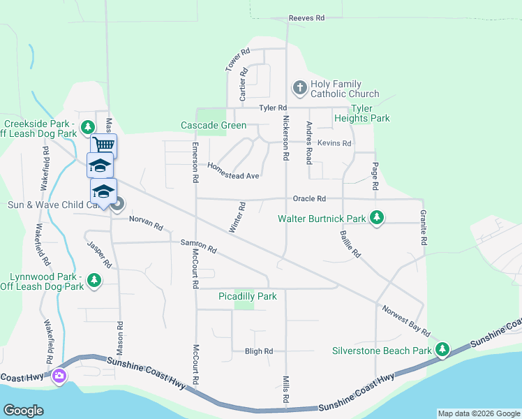 map of restaurants, bars, coffee shops, grocery stores, and more near 6323 Oracle Road in Sechelt