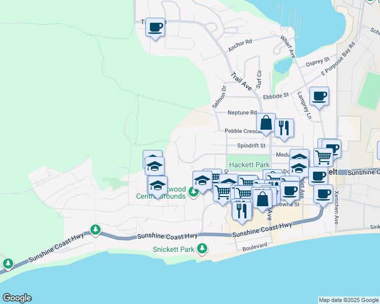 map of restaurants, bars, coffee shops, grocery stores, and more near 5599 Medusa Place in Sechelt