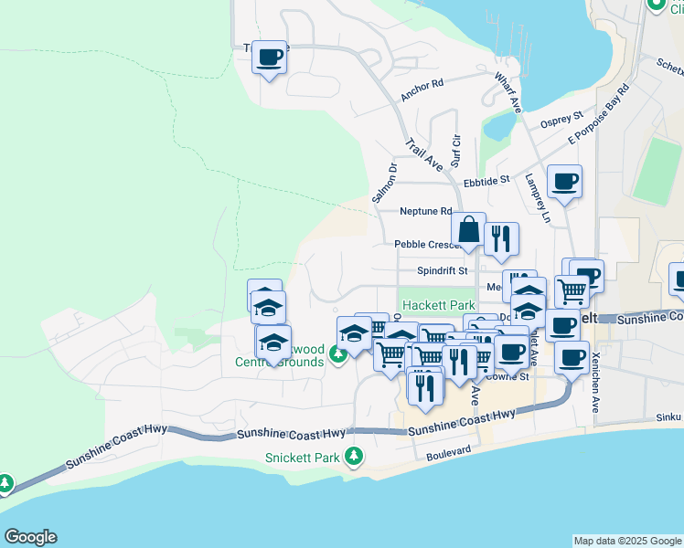 map of restaurants, bars, coffee shops, grocery stores, and more near Medusa Place in Sechelt