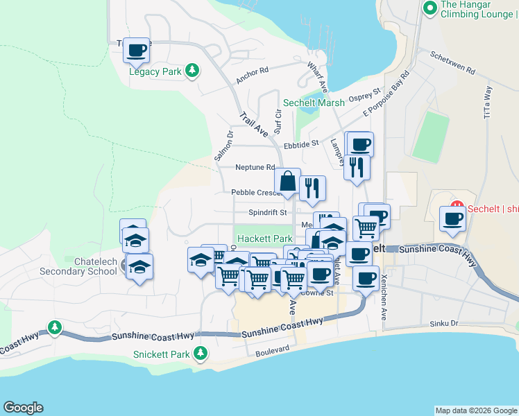 map of restaurants, bars, coffee shops, grocery stores, and more near 5762 Spindrift Street in Sechelt