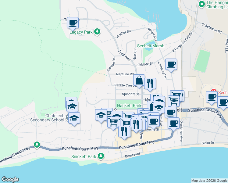 map of restaurants, bars, coffee shops, grocery stores, and more near 5605 Ocean Avenue in Sechelt