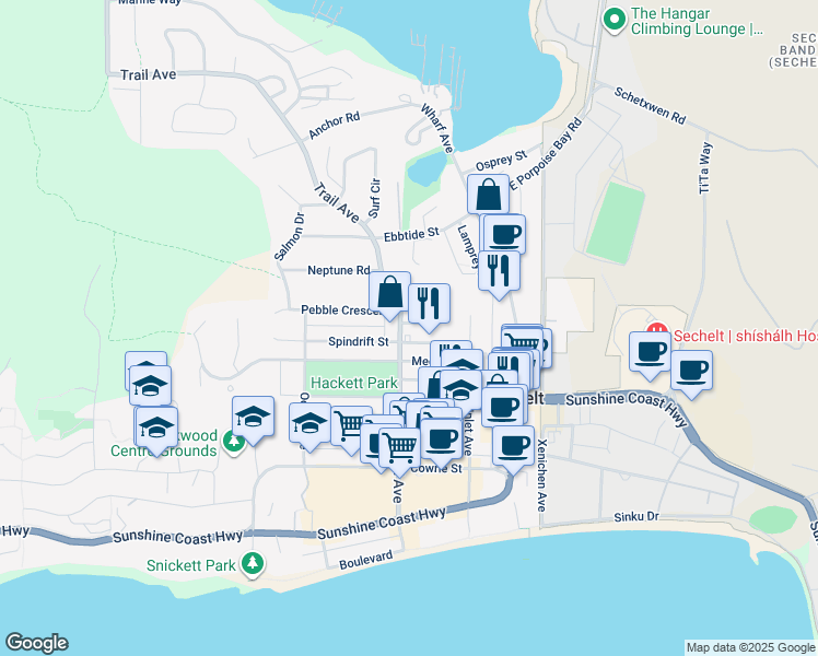 map of restaurants, bars, coffee shops, grocery stores, and more near 5610 Trail Avenue in Sechelt