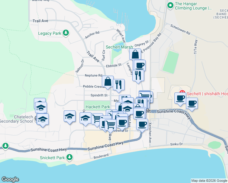 map of restaurants, bars, coffee shops, grocery stores, and more near 5610 Trail Avenue in Sechelt