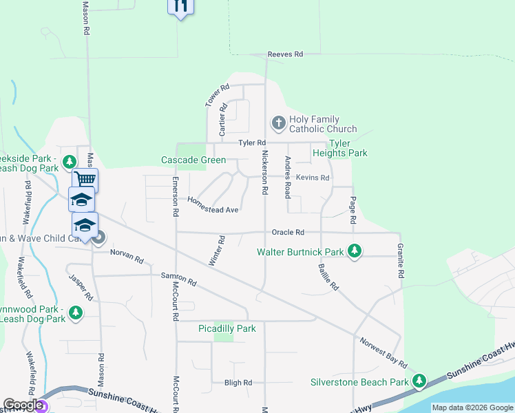 map of restaurants, bars, coffee shops, grocery stores, and more near 6321 Homestead Avenue in Sechelt