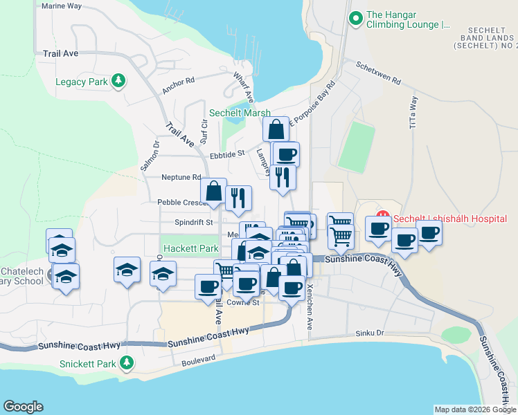 map of restaurants, bars, coffee shops, grocery stores, and more near 5631 Inlet Avenue in Sechelt