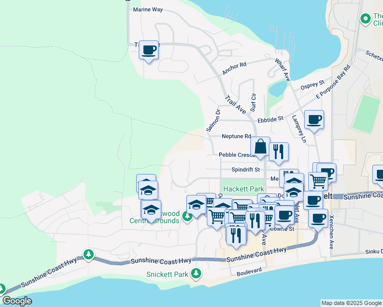 map of restaurants, bars, coffee shops, grocery stores, and more near 5628 Medusa Place in Sechelt