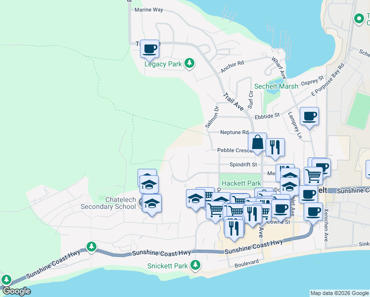 map of restaurants, bars, coffee shops, grocery stores, and more near 5628 Medusa Place in Sechelt