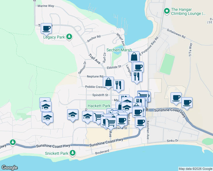 map of restaurants, bars, coffee shops, grocery stores, and more near 5734 Pebble Crescent in Sechelt