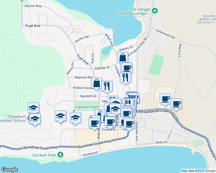 map of restaurants, bars, coffee shops, grocery stores, and more near 5604 Trail Avenue in Sechelt