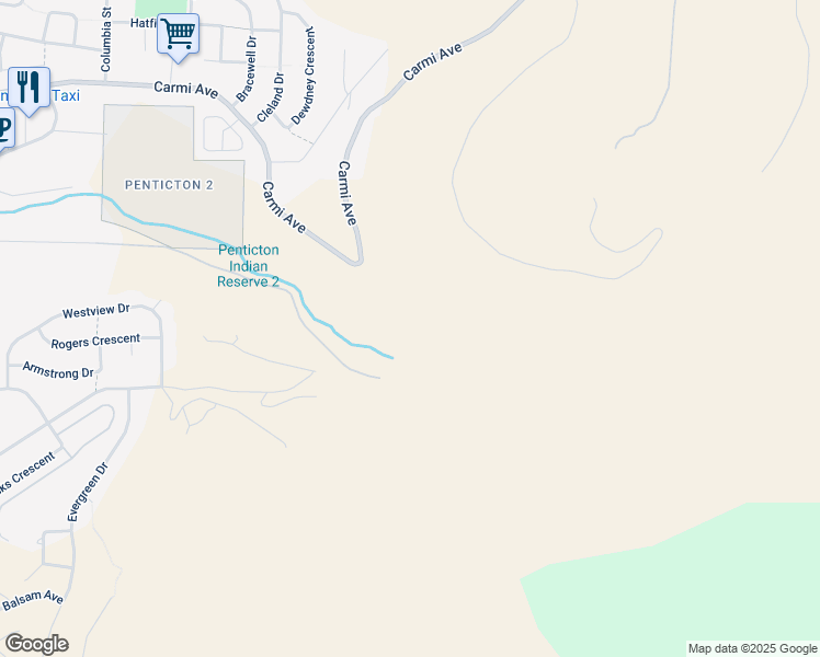 map of restaurants, bars, coffee shops, grocery stores, and more near 150 Saliken Drive in Penticton
