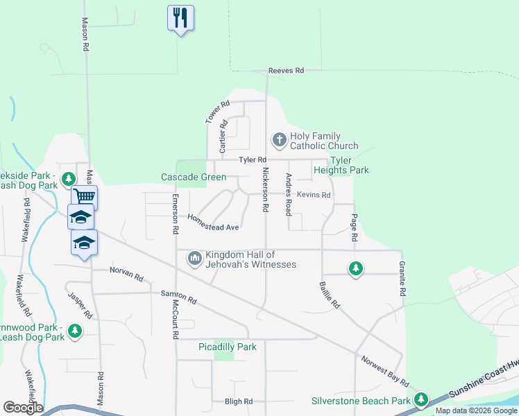 map of restaurants, bars, coffee shops, grocery stores, and more near 5641 Nickerson Road in Sechelt