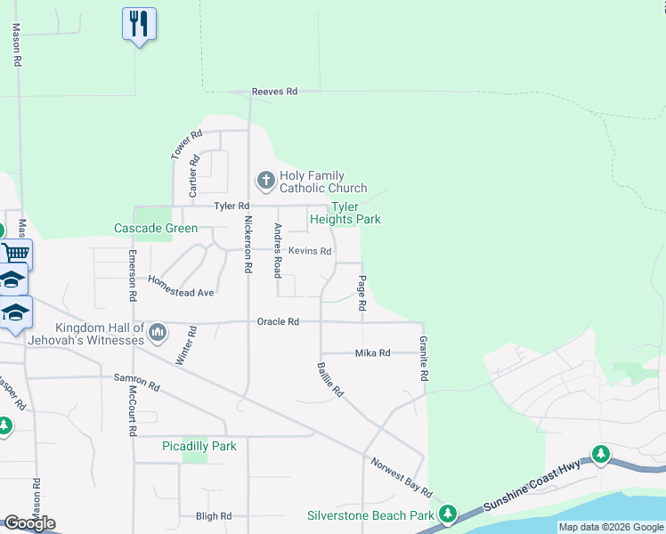 map of restaurants, bars, coffee shops, grocery stores, and more near 6355 Baillie Road in Sechelt
