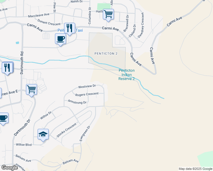 map of restaurants, bars, coffee shops, grocery stores, and more near 118 Westview Place in Penticton