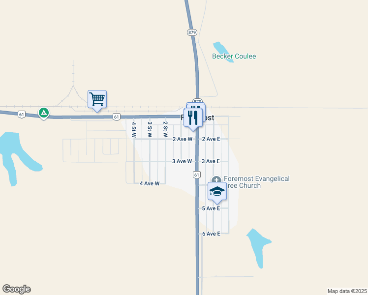 map of restaurants, bars, coffee shops, grocery stores, and more near 202 1 Street West in Foremost