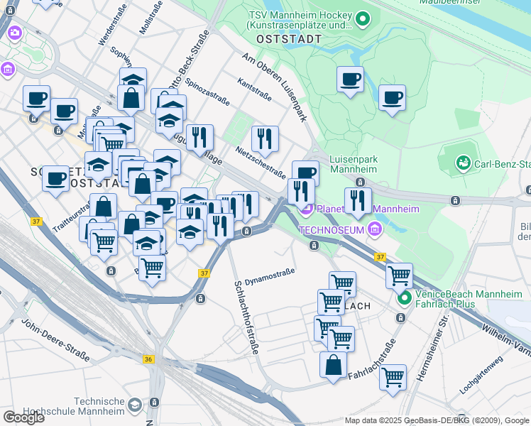 map of restaurants, bars, coffee shops, grocery stores, and more near 66 Augustaanlage in Mannheim