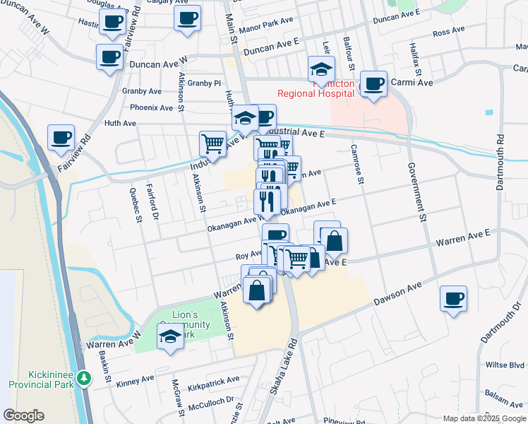 map of restaurants, bars, coffee shops, grocery stores, and more near 1897 Main Street in Penticton