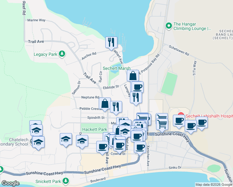 map of restaurants, bars, coffee shops, grocery stores, and more near 5711 Ebbtide Street in Sechelt