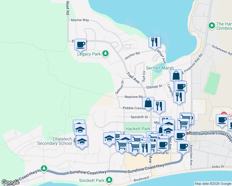 map of restaurants, bars, coffee shops, grocery stores, and more near 5661 Salmon Drive in Sechelt