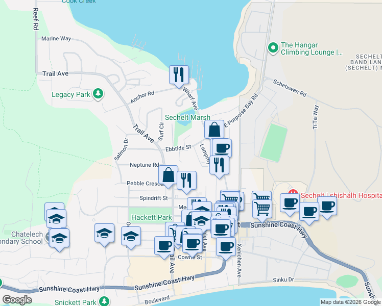 map of restaurants, bars, coffee shops, grocery stores, and more near 5711 Ebbtide Street in Sechelt