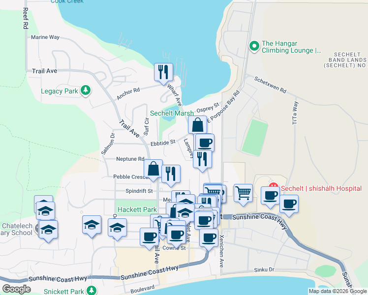 map of restaurants, bars, coffee shops, grocery stores, and more near 5662 Hightide Avenue in Sechelt