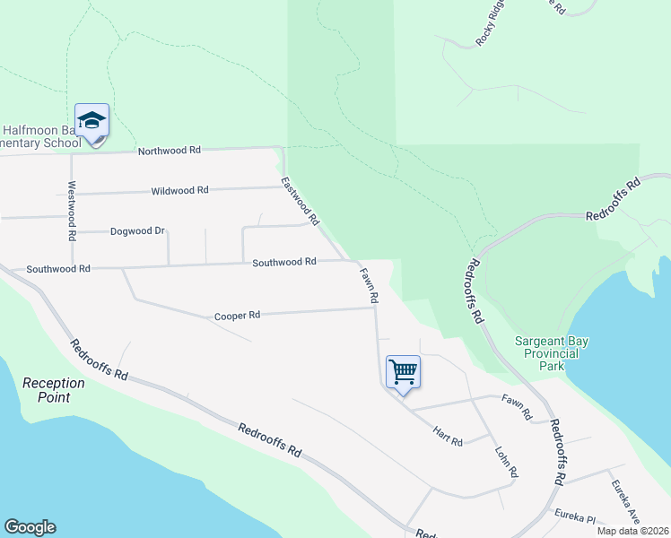 map of restaurants, bars, coffee shops, grocery stores, and more near 7929 Southwood Road in Halfmoon Bay
