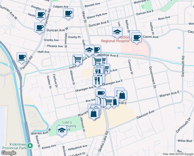 map of restaurants, bars, coffee shops, grocery stores, and more near 1897 Main Street in Penticton