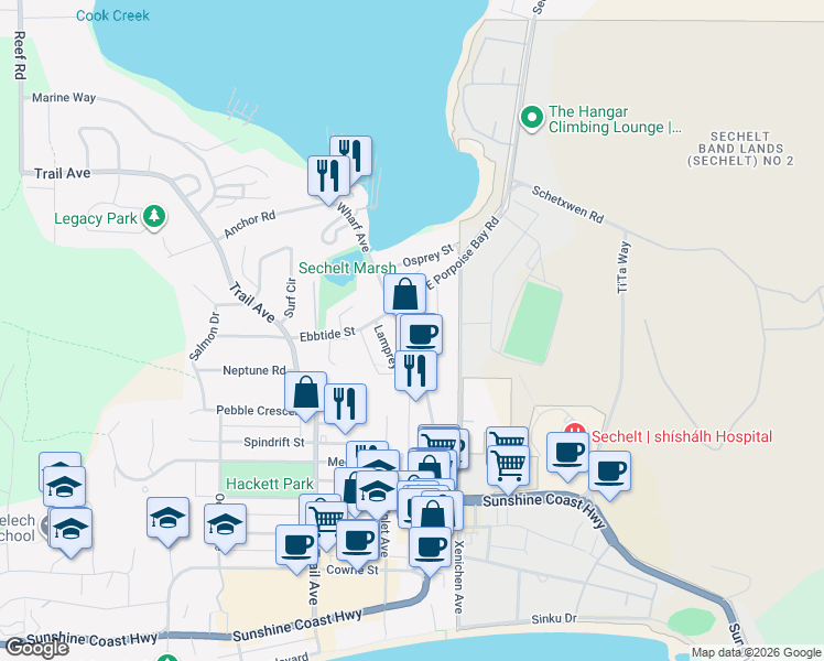 map of restaurants, bars, coffee shops, grocery stores, and more near 5682 Wharf Avenue in Sechelt