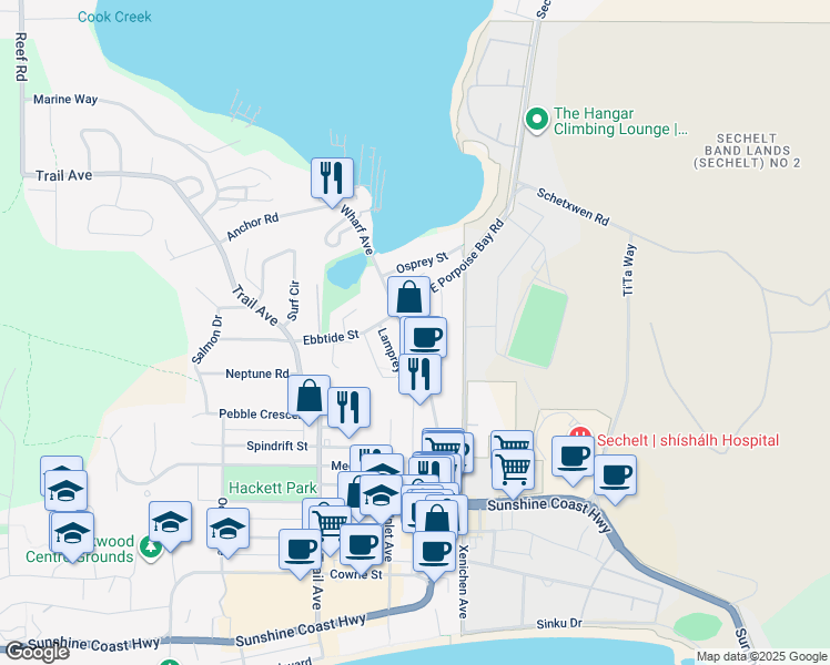 map of restaurants, bars, coffee shops, grocery stores, and more near 5697 Wharf Avenue in Sechelt