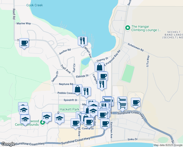 map of restaurants, bars, coffee shops, grocery stores, and more near 5690 Ebbtide Street in Sechelt