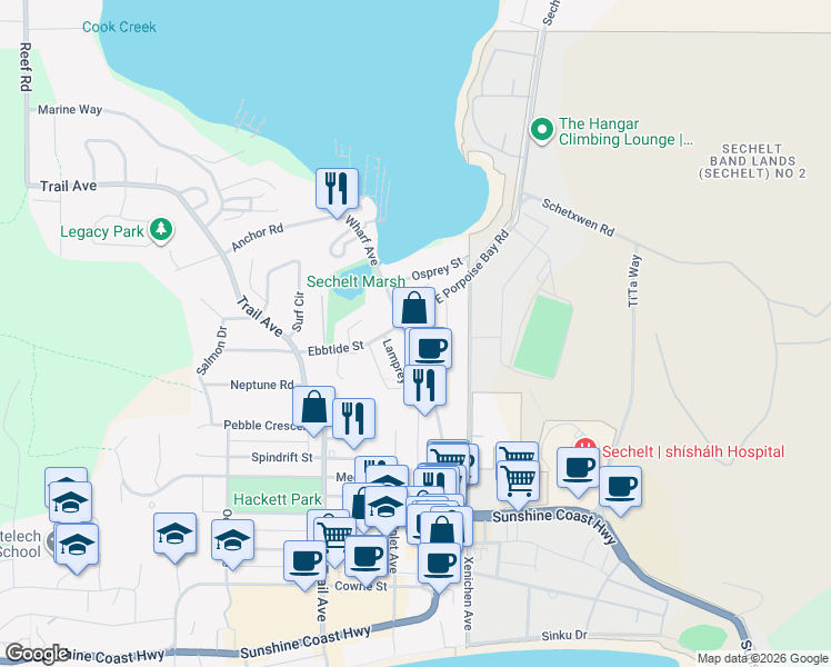 map of restaurants, bars, coffee shops, grocery stores, and more near 5686 Wharf Avenue in Sechelt