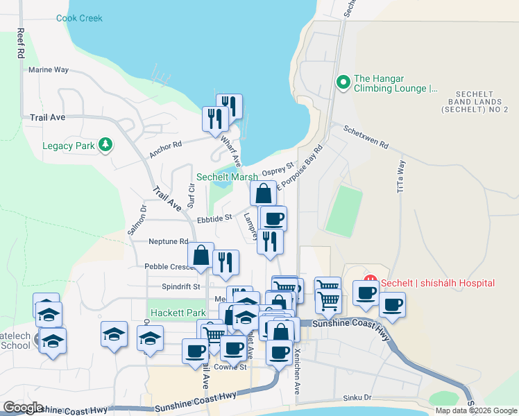 map of restaurants, bars, coffee shops, grocery stores, and more near 5694 Wharf Avenue in Sechelt