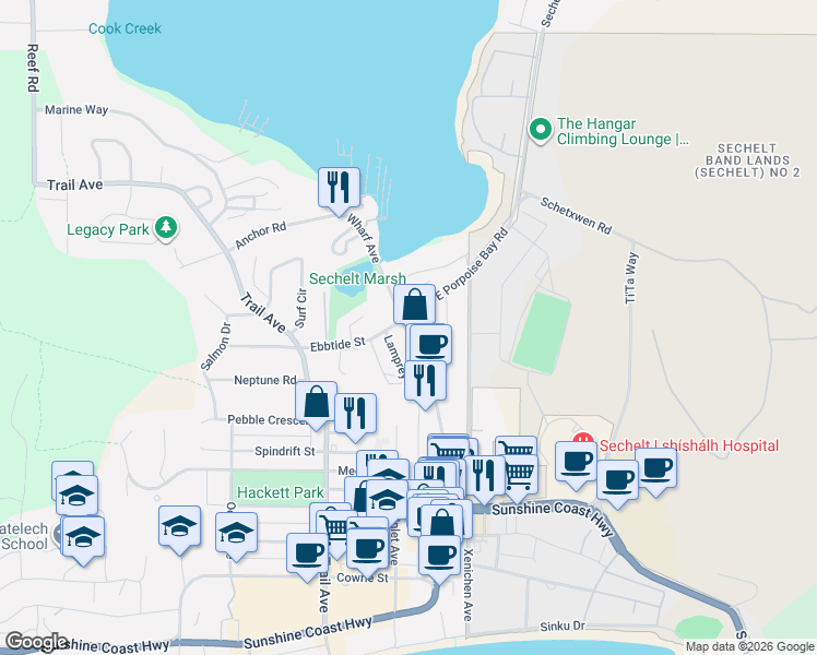 map of restaurants, bars, coffee shops, grocery stores, and more near 5694 Wharf Avenue in Sechelt