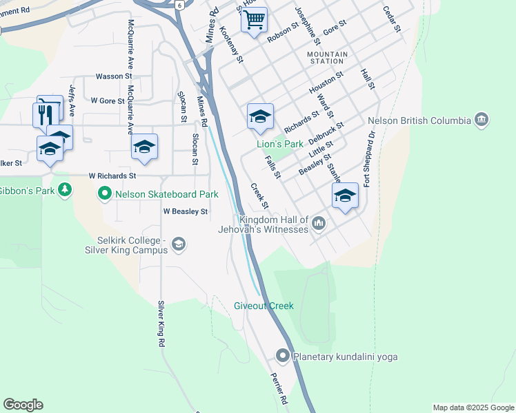 map of restaurants, bars, coffee shops, grocery stores, and more near 1910 Creek Street in Nelson
