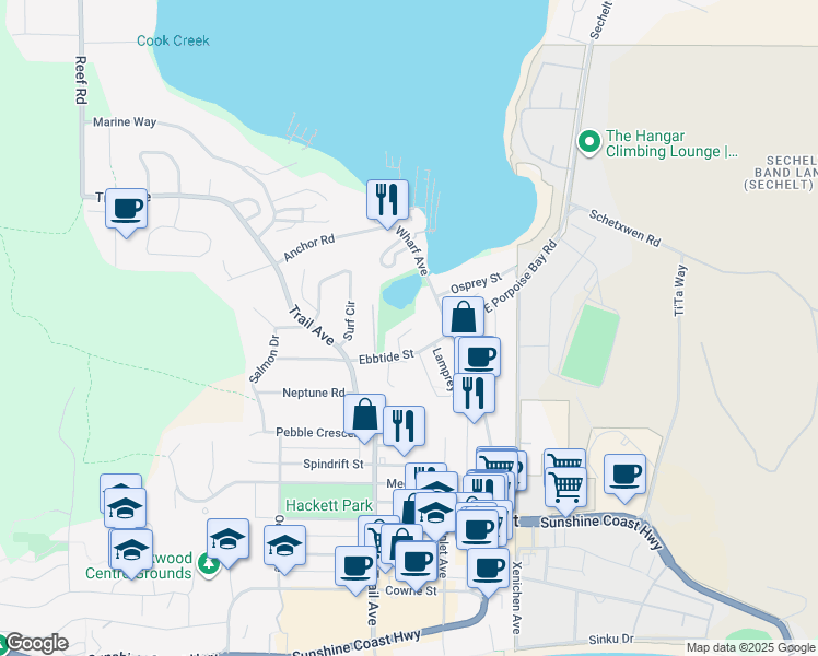 map of restaurants, bars, coffee shops, grocery stores, and more near 5706 Ebbtide Street in Sechelt