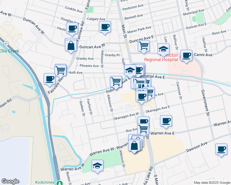 map of restaurants, bars, coffee shops, grocery stores, and more near in Penticton