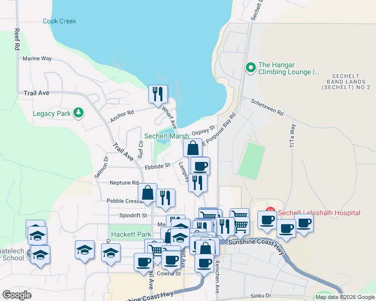 map of restaurants, bars, coffee shops, grocery stores, and more near 5697 Wharf Avenue in Sechelt