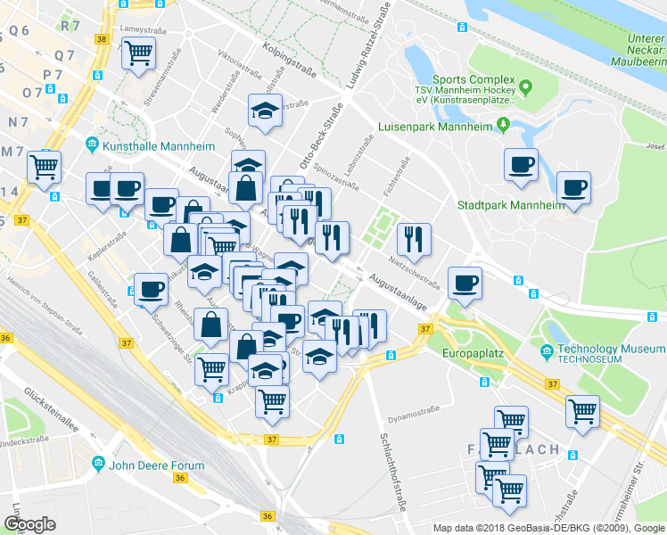 map of restaurants, bars, coffee shops, grocery stores, and more near 54 Augustaanlage in Mannheim