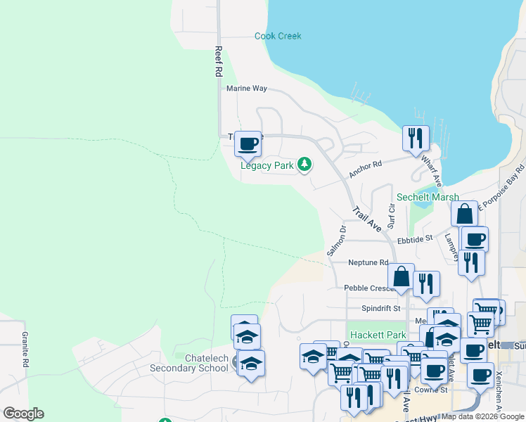map of restaurants, bars, coffee shops, grocery stores, and more near in Sechelt