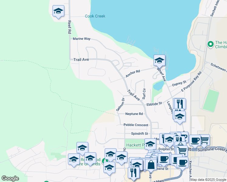 map of restaurants, bars, coffee shops, grocery stores, and more near 5713 Salmon Drive in Sechelt