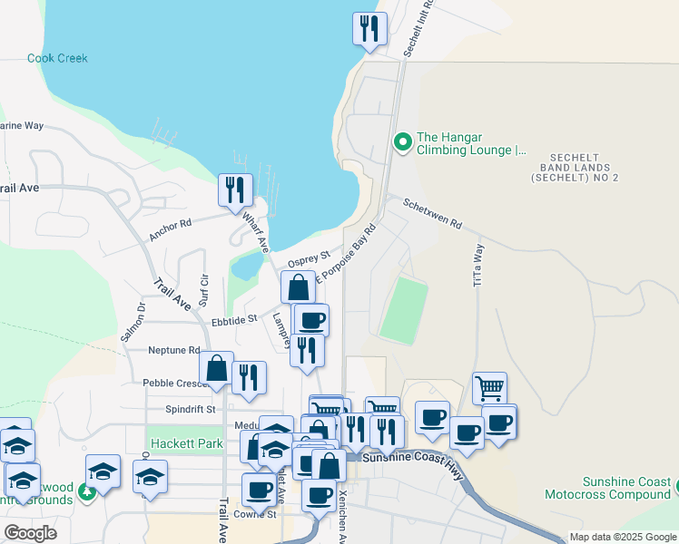 map of restaurants, bars, coffee shops, grocery stores, and more near 5724 East Porpoise Bay Road in Sechelt