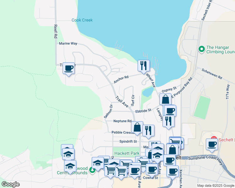 map of restaurants, bars, coffee shops, grocery stores, and more near 5718 Trail Avenue in Sechelt