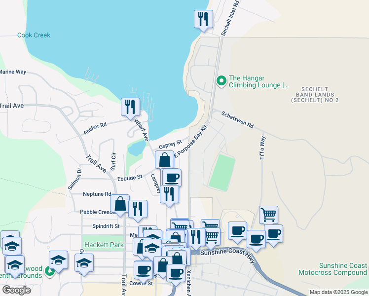 map of restaurants, bars, coffee shops, grocery stores, and more near 5725 East Porpoise Bay Road in Sechelt