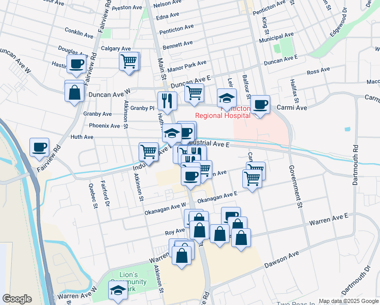 map of restaurants, bars, coffee shops, grocery stores, and more near 1636 Main Street in Penticton