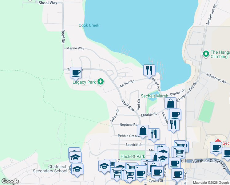 map of restaurants, bars, coffee shops, grocery stores, and more near 5803 Anchor Road in Sechelt