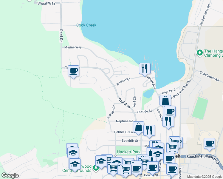 map of restaurants, bars, coffee shops, grocery stores, and more near 5799 Anchor Road in Sechelt