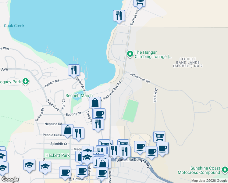 map of restaurants, bars, coffee shops, grocery stores, and more near 5740 East Porpoise Bay Road in Sechelt
