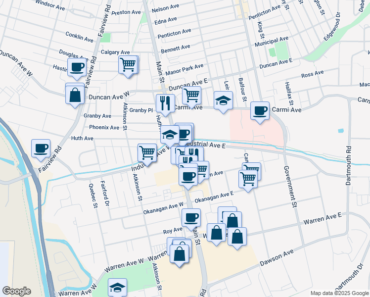 map of restaurants, bars, coffee shops, grocery stores, and more near 1636 Main Street in Penticton
