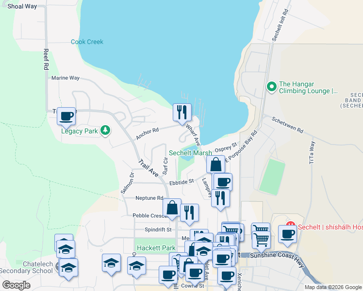 map of restaurants, bars, coffee shops, grocery stores, and more near 5761 Wharf Avenue in Sechelt