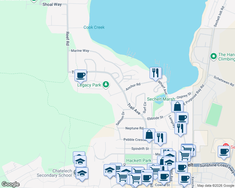 map of restaurants, bars, coffee shops, grocery stores, and more near 5803 Anchor Road in Sechelt