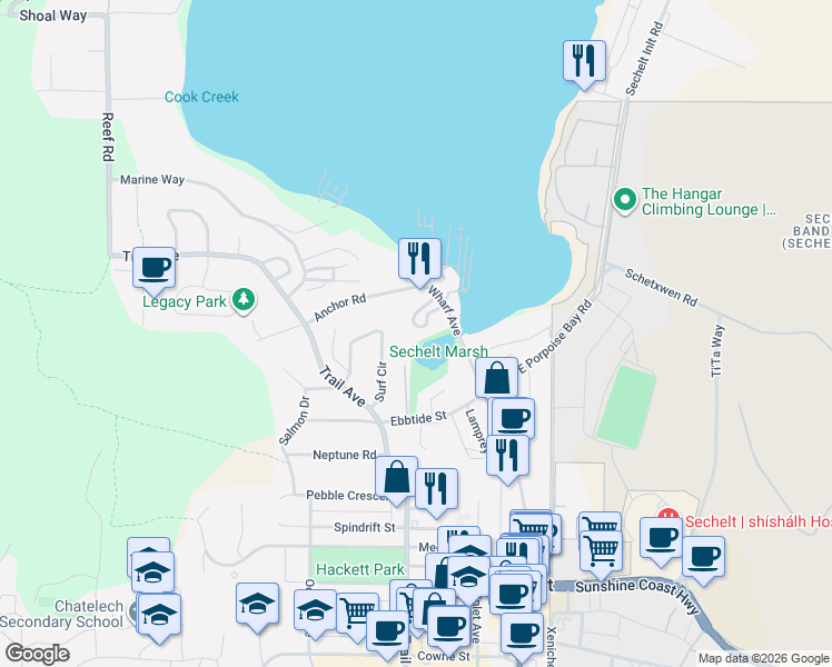 map of restaurants, bars, coffee shops, grocery stores, and more near 5761 Wharf Avenue in Sechelt